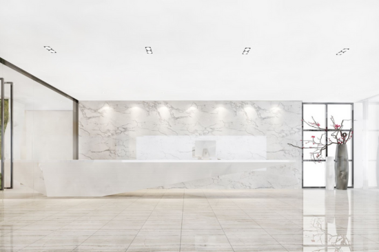 White quartz with white cabinets